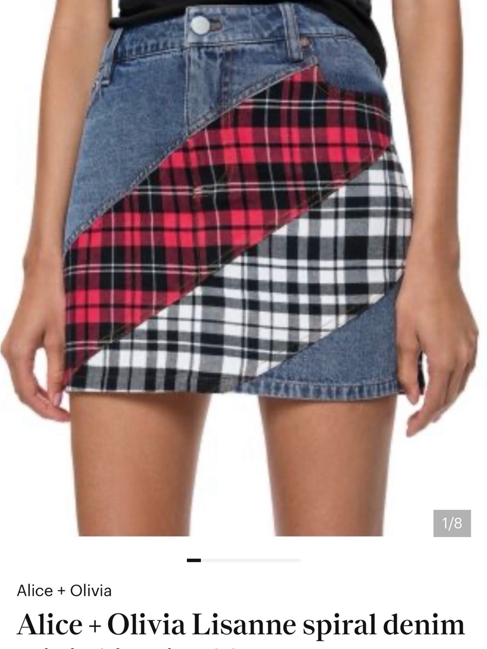 Alice + Olivia Denim Mini Skirt with Red and Black-White Plaid Panels